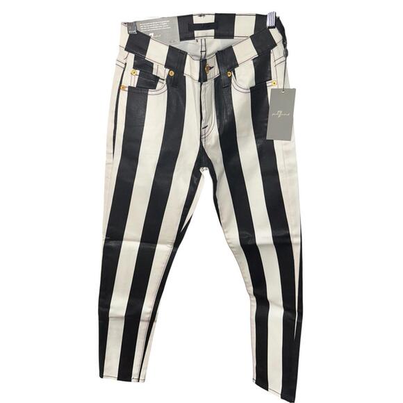 Women’s 7 For All Mankind Black & White Striped Jeans Crop Slim Cigarette Sz 24 - Picture 1 of 5